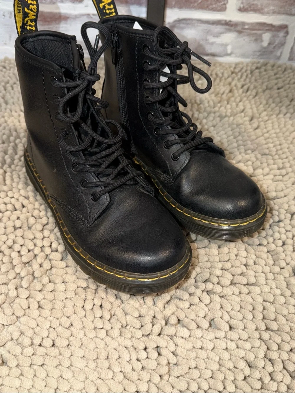 Kids Black Leather Lace-Up Boots with Yellow Stitching youth size 2